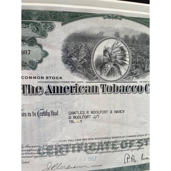 Framed Vintage 1967 American Tobacco Company Common Stock Certificate Green With - Picture 2 of 10